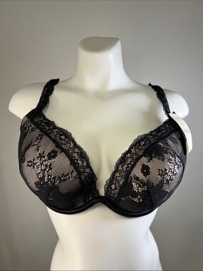 Cacique Black Lace and Cream Underwire Bold Lace Plunge Bra  44B